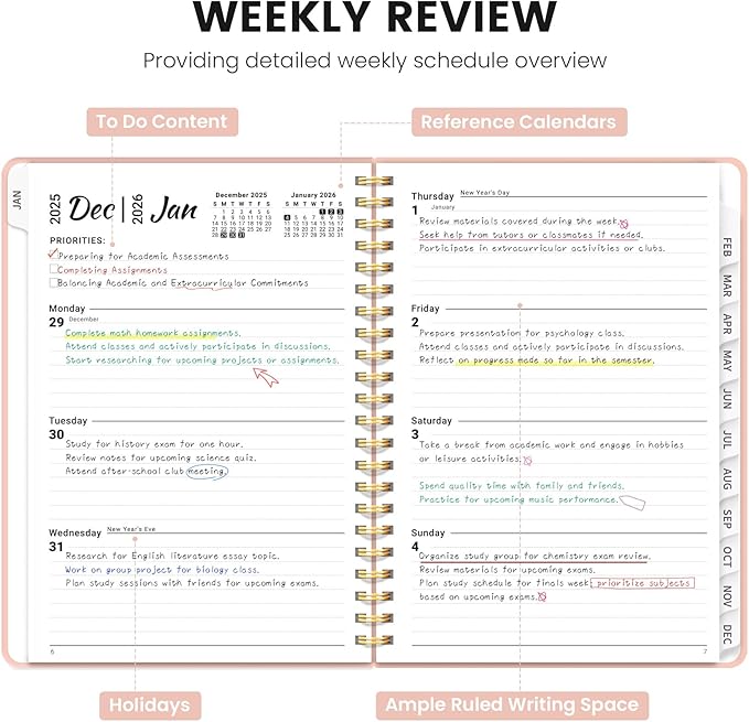 2026 Planner, Weekly and Monthly Planner for Women, January 2026 - December 2026, Hardcover 2026 Calendar Planner Book with Tabs, Inner Pocket, Spiral Bound, Perfect for Office Home School Supplies - A5 (6.3" x 8.5"), Pink