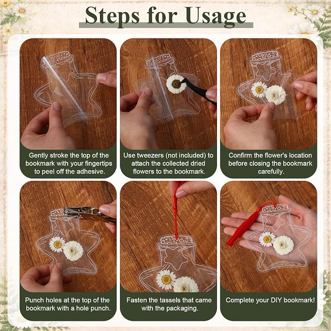 Tallew 81 Pcs DIY Dried Flower Bookmark Making Kit Include 40 Clear Transparent Bookmarks, 40 Colorful Tassels and Puncher, Handmade Craft Supplies for Women Girls Readers(Retro Style)