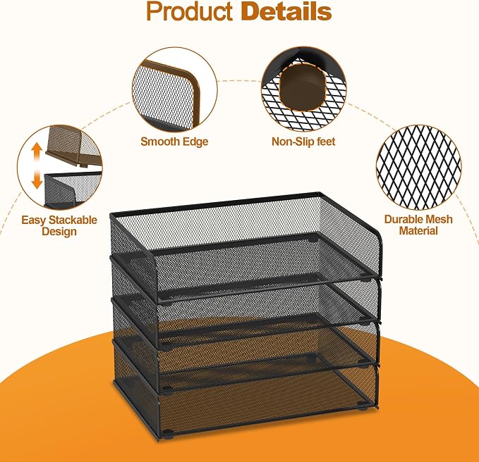 YINGHUA 4-Pack Metal Mesh Stackable Paper Letter Trays Organizer for Classroom,Office Desk File Sorter Holder Organizer Storage Box for Letter/A4 Size Folder Documents-Black