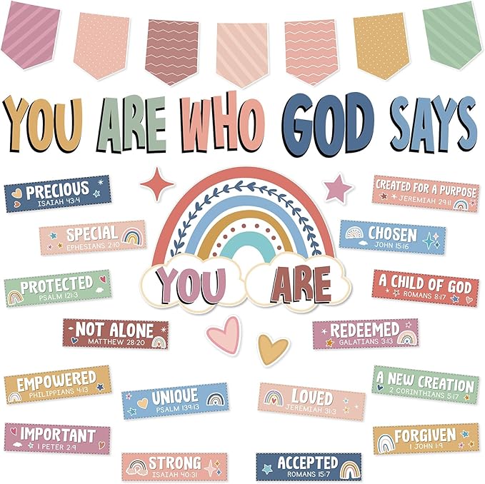 Qyeahkj Boho Christian Bulletin Board Decorations Inspirational Bulletin Board Set Colorful Rainbow God Says You Are Cutouts Motivational Religious Classroom Wall Decor for School Home Church Supplies
