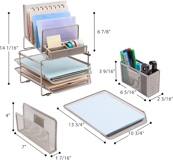 DESIGNA Stackable Mesh Desk Organizer with 3 Sliding Letter Trays 4 File Holders 2 Side Compartments & Pencil Holder Non-slip All In One Desktop Accessories Organizers Office Storage, Champagne