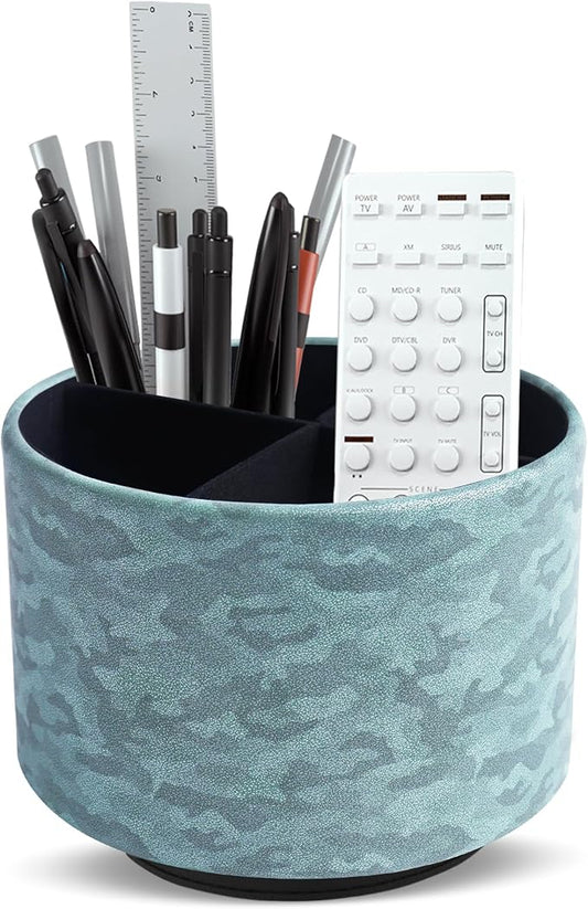 Round Leather Art Supply Organizer,Remote Control Holder,360 Degree Rotating,Multi-Functional Pencil Holder,4 Compartments Desktop Stationary Organizer(1-Camouflage Green)