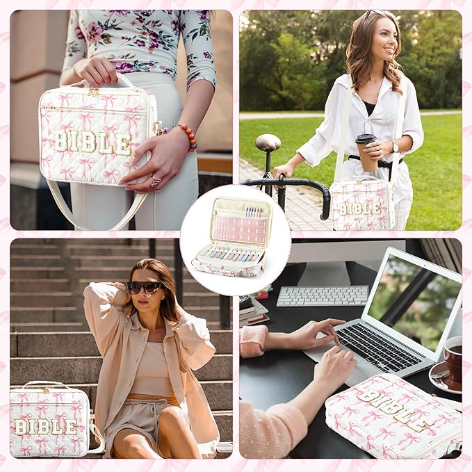 Sinload Quilted Bible Cover Case for Women 12 x 9 x 2.5 Inch Bible Chenille Letter Bag with Shoulder Strap Carrying Tabs 6 Colored Pens 12 Highlighters Christian Church Study Gifts(Pink,Bow Tie)