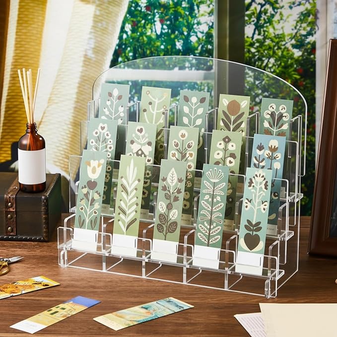 Yuntau Acrylic Bookmark Display, 0.2" Thick Acrylic Adjustable 2.2'' Stand, Portable Sticker Holder, Curved Pockets Greeting Card Display for Business Vendor, Retail Store Shop(detachable, 15 Pockets)