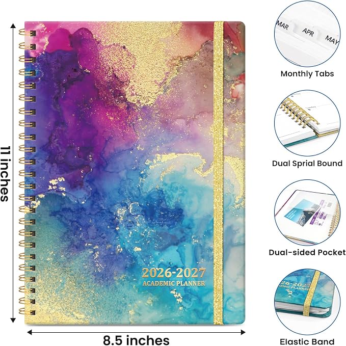 Planner 2026–2027, Academic Planner Weekly and Monthly Calendar Jul 2026 – Jun 2027 Hardcover Planner with Tabs and Pocket, Spiral Bound Agenda Book for Student & Teacher, 8.5" x 11", Color Splash