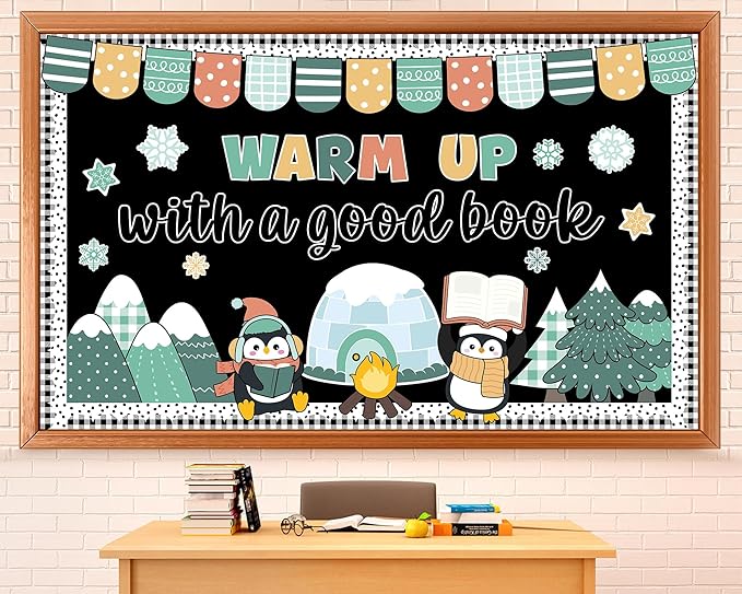 64Pcs Winter Reading Bulletin Board Decoration Set Warm up with a Good Book Classroom Decor Winter Penguin Snowflakes Paper Cutouts for School Home Chalkboard Christmas Xmas Holiday Party Supplies