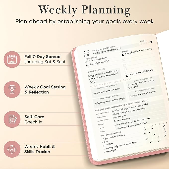 2026 Planner, Daily Journal & Gratitude Journal All-In-One with To Do List, Self Care Prompts & Habit Tracker - 5.8 x 8.3 - Pink