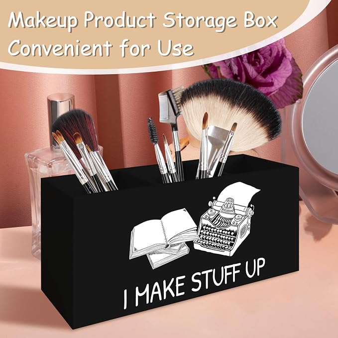 Funny Writer Pen Pencil Holder Organizer for Desk, Gifts for Writers and Authors, I Make Stuff Up Wooden Box Block Sign for Home Office Tabletop Decor