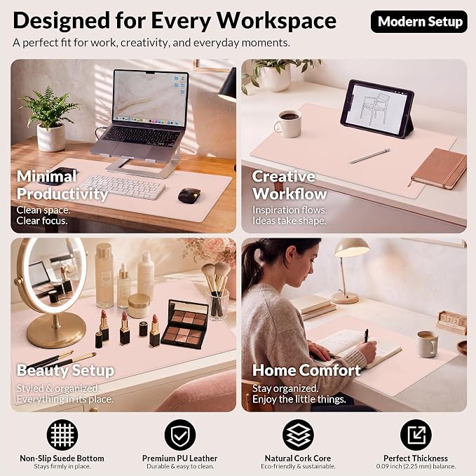 AFIING Leather Desk Pad Protector, Pink, 23.6" x 13.7" | Large Mouse Pad, Dual-Sided PU Leather ,Non-Slip, Waterproof, For Office and Home