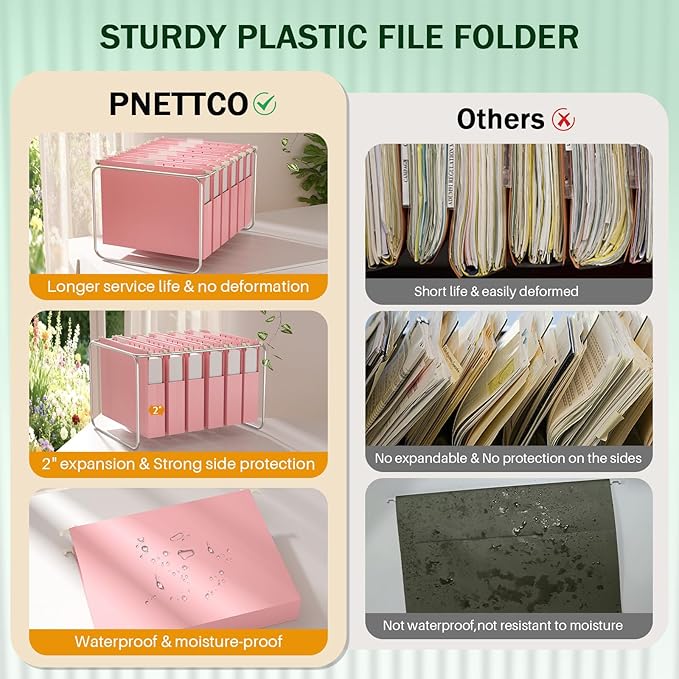 Hanging File Folders Letter Size, Hanging Files Folders Pink for Filing Cabinet,12 Pack Plastic Hanging Folder, Extra Capacity Pockets, Heavy Duty Hang Folder with 1/5-Cut Tabs, Coral Pink
