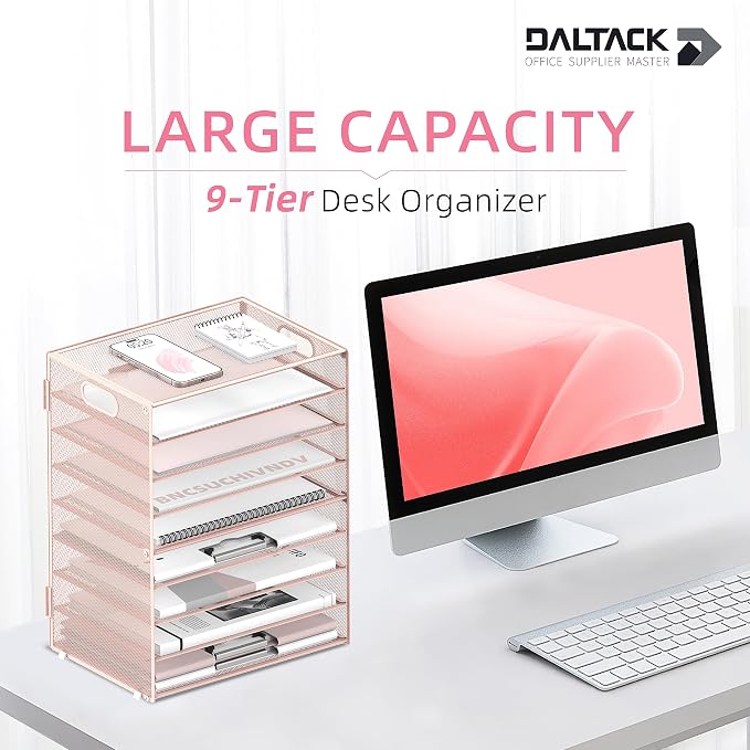 DALTACK 9-Tier Paper Organizer for Desk, Mesh Letter Tray Desk Organizer with Handles, Space-Saving File Organizer for Office Home School, Pink