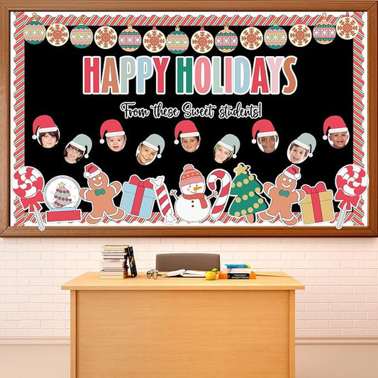 Justforjoyful Christmas Bulletin Board Decoration Xmas Snowman Cutouts DIY Photo Crafts Christmas Ball Gingerbread Bulletin Board Set for Holiday Winter Chalkboard Wall Classroom Decor School Supplies