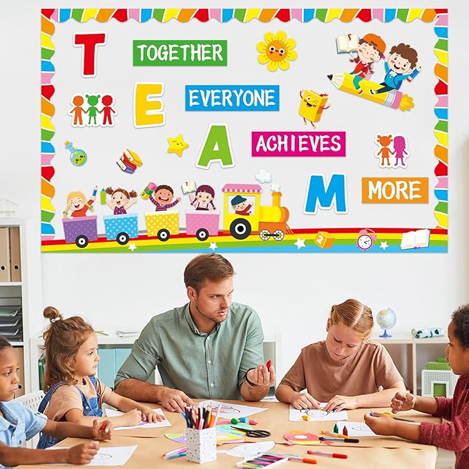Team Bulletin Board Decorations Set Back to School Motivational Classroom Paper Cutouts Together Everyone Achieves More Teamwork Bulletin Board Decor for School Kindergarten Chalkboard Wall