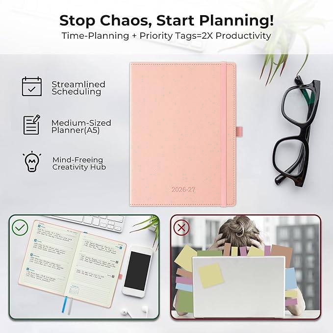 Weekly Monthly 2026-2027 Planner (July 26-Dec 27),8.5"x6.5",18 Months Agenda Plan with Month Tabs & Pocket,Expenses/Note Pages, Academic Calendar with Vegan Leather Cover,Pink
