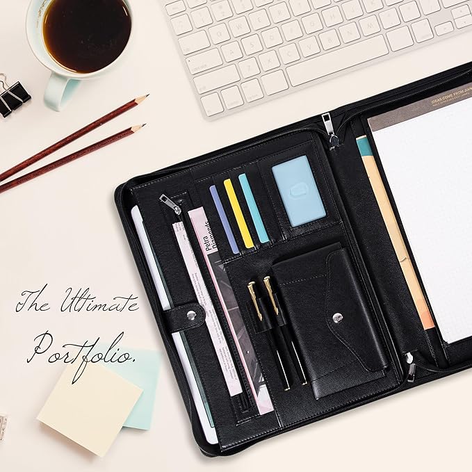 Calfinder Personalized Portfolio for Women&Men, Free Name Engrave,Customized Leather Padfolio, Business Portfolio with Zipper and Handle for Ipad, Document
