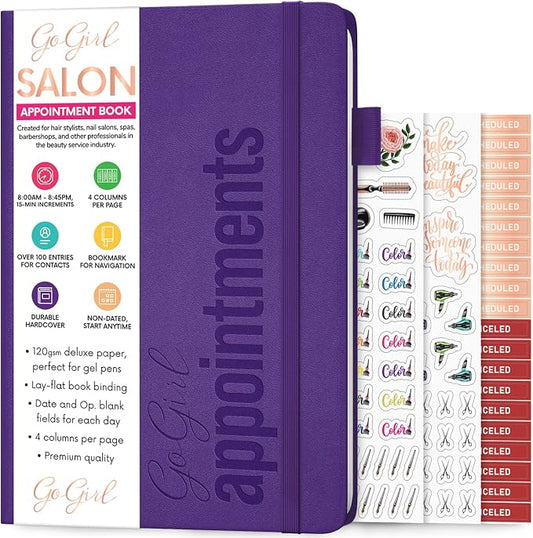 GoGirl Salon Appointment Book – Reservation Book for Beauty Salons, Spas, Hair Stylists, Estheticians – Appt Booking Planner, 7x10″ (Purple)