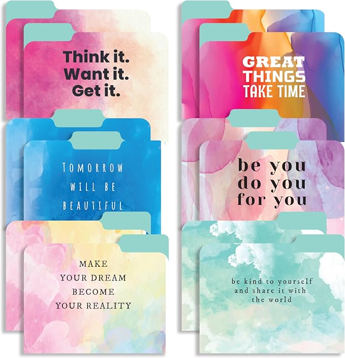 Decorative File Folders 1/3 Cut Tab, 12 Pack 6 Design, Heavyweight Laminated Letter Size (9.5” x 11.5”), Stylish Fashion File Folders for Home, Office & School Organization (Water Color)