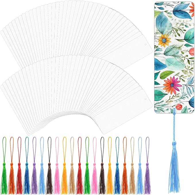 DSYIL 100 Sets Watercolor Paper Bookmarks with Tassels, Blank Book Marks Making Kit, Heavyweight Watercolor Paper Cards Bulk for Classroom Projects and DIY Craft, 5.5 x 2 Inches