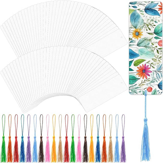 DSYIL 100 Sets Watercolor Paper Bookmarks with Tassels, Blank Book Marks Making Kit, Heavyweight Watercolor Paper Cards Bulk for Classroom Projects and DIY Craft, 5.5 x 2 Inches