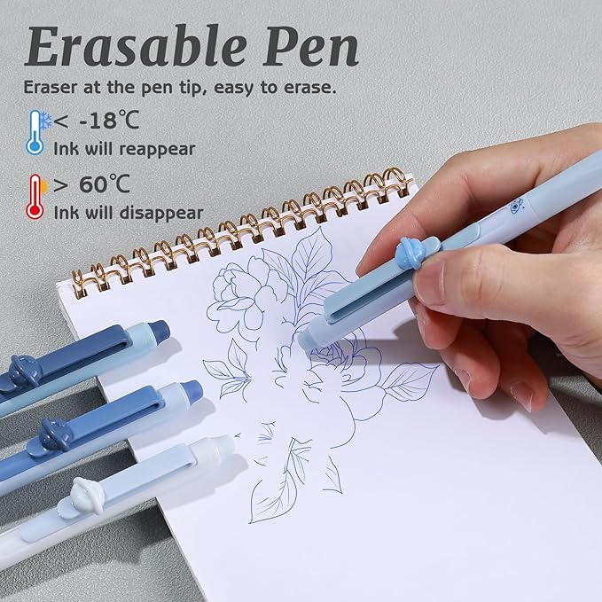 8 Pcs Cute Erasable Gel Pens with Erasers, 0.5 mm Fine Point Black & Blue Ink Pens, Smooth Writing Retractable Pen for Note Taking and Crossword Puzzles (Blue)