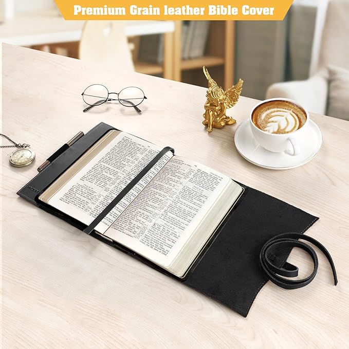 Jack&Chris Leather Bible Cover, Leather Book Cover for Men and Women, Bible Holder Strap Bible Cover Gifts, Black Medium