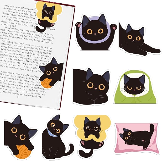 Cats Magnetic Bookmarks Gifts - 8 Pcs Black Cute Bookmark for Women Pet Animals Lovers Students Funny Page Clips Office Reading Accessories Bookworms Gift for Birthday Christmas