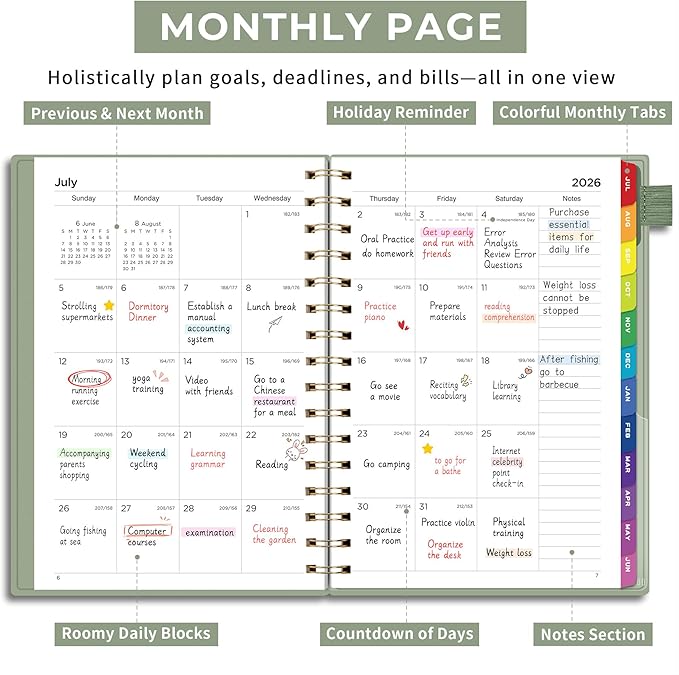 EMSHOI Academic Planner 2026-2027, Weekly and Monthly Calendar (July 2026 - June 2027), School Student Teacher Agenda Book, 100GSM Paper, PVC Cover, Colorful Tabs, A5 (6.38" x 8.35"), Light Green