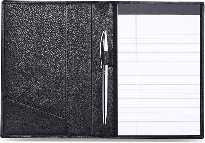 Leather Junior Padfolio for Men & Women with Pen Loop, Italian Calfskin, Business Portfolio Notebook Folder (Pebbled Black)