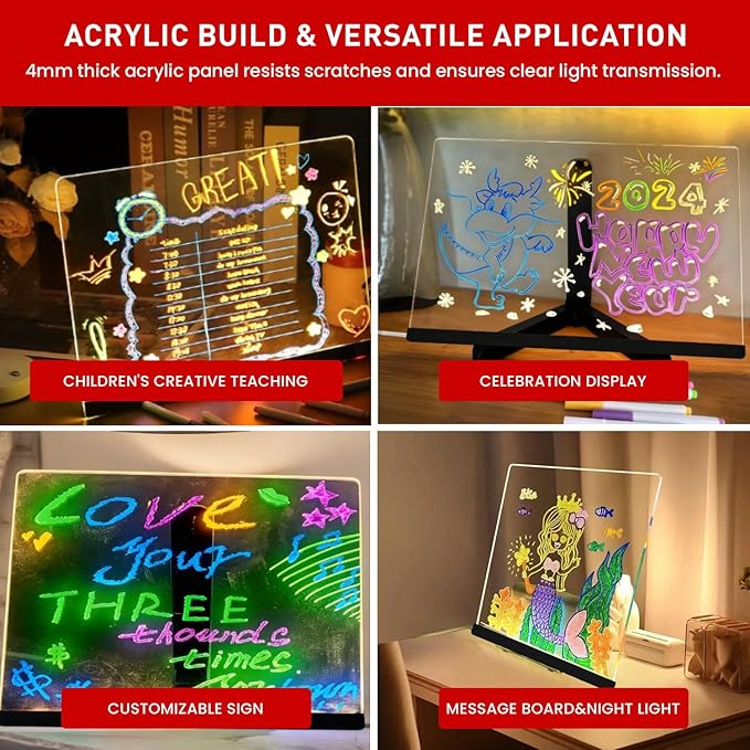 LED Note Board with Colors,14''x10'' Acrylic Led Drawing Board with 12 Markers,Dry Erase Boards Music Sync&Flash Modes,Dimmable Brightness for Cafe/Bar/Home/Party Deco