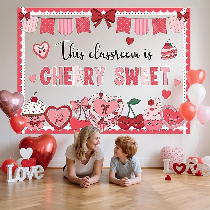Pajean Valentine's Day Heart Bulletin Board Set Romantic Love Classroom Decorations Sweet Day Theme Paper Cutouts for Wall Window Decor School Office Supplies(Cherry Sweet)