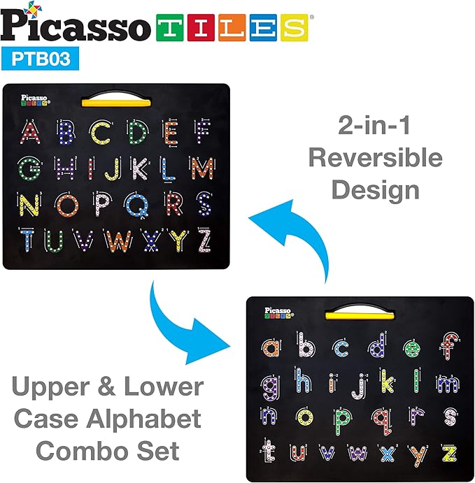 PicassoTiles Magnetic Board Alphabet + Number + Freestyle Writing, 2-in-1 ABC A-Z Upper Case Capital and Lowercase Letter Writing Reading Playboard 12x10 inch Large Magnet Tablet Pad Erasable Reusable
