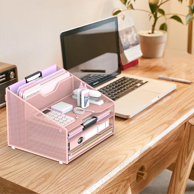 Desk File Organizer, Paper Organizer with 4 Letter Trays and 2 Vertical Upright Sections, Desk Organizers and Accessories for Office, School, Home (Pink)