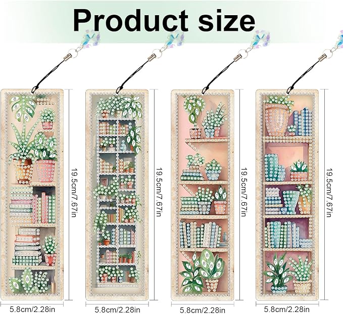 4 Pieces Diamond Painting Bookmarks for Adults Plant Bookshelf Design 5D Rhinestone Art Bookmark Kits Beautiful DIY Diamond Art Bookmarks with Tassels Crafts Gifts Supplies
