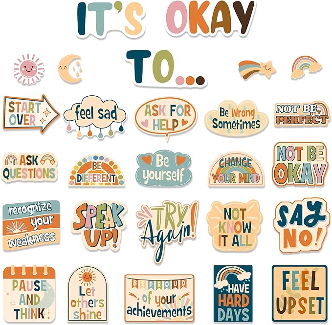 Boho Bulletin Board Decorations Set, It's Okay To Mental Health Posters Speech Therapy Decor - School Nurse Office Inspirational Positive Affirmations Bulletin Board Decorations Accents Wall Art