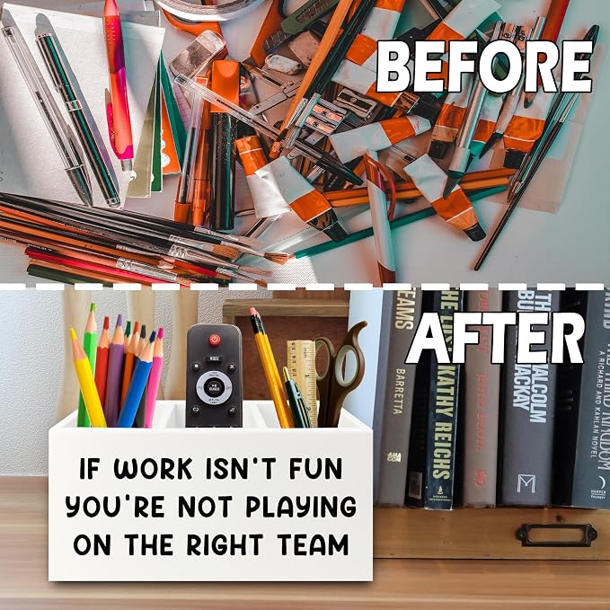 Inspirational Pen Pencil Holder Organizer for Desk, Inspirational Gifts for Women, Teamwork Team Gifts for Employees Coworkers Wooden Box Sign for Home Office Desk Tabletop Decorations