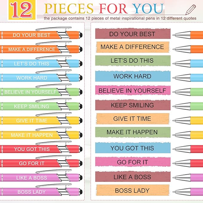 Zonon 12 Pcs Inspirational Pens Gift Set Funny Ballpoint Pen with Stylus Tip Motivational Graduation Gifts Bulk for Teacher Coworkers Nurse School Office Supplies(Macaron,Boss Lady)