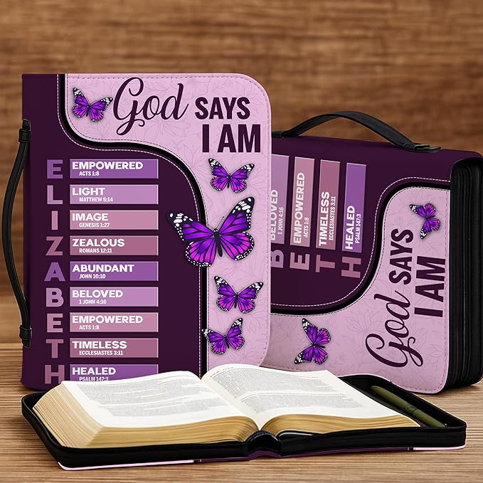 Custom Leather Bible Cover with Name – Personalized Bible Case for Women, Zippered with Handle, Bookmark & Storage Pockets, Christian Gift for Mom, Daughter, Grandma (Name - God Says I Am, M-2XL)