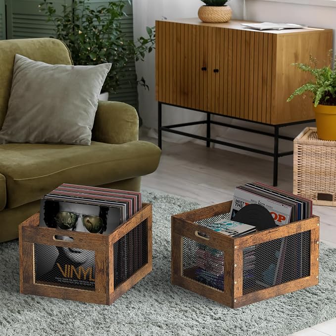 2 Pack Record Storage Box Stackable Vinyl Record Holder Large Capacity Record Crate for Albums, Books, Sheet Music, Rustic Brown