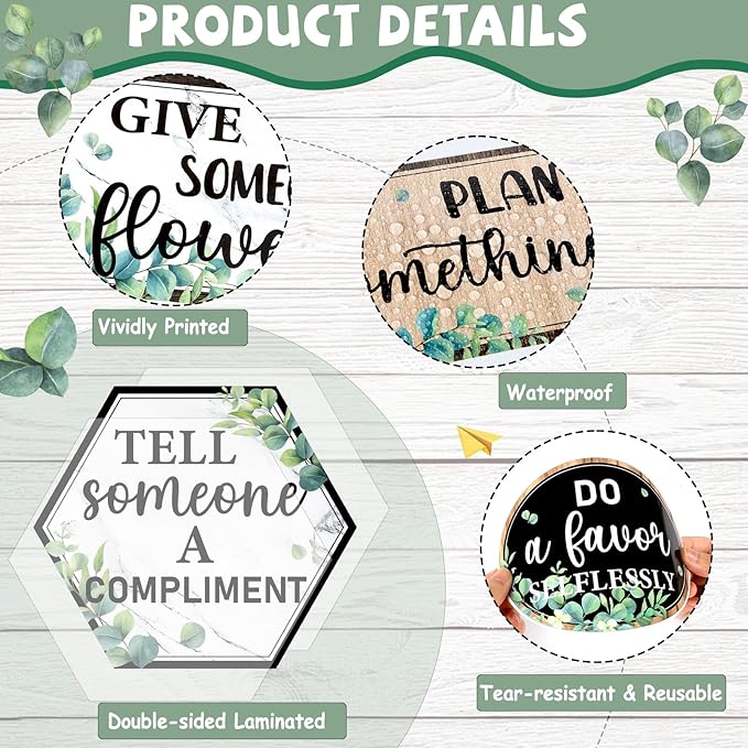 QOUBAI Greenery Random Acts of Kindness Bulletin Board Set Eucalyptus Classroom Bulletin Board Decorations Kindness Challenge Cutouts Classroom Decorations for Back to School Office Chalkboard Decor