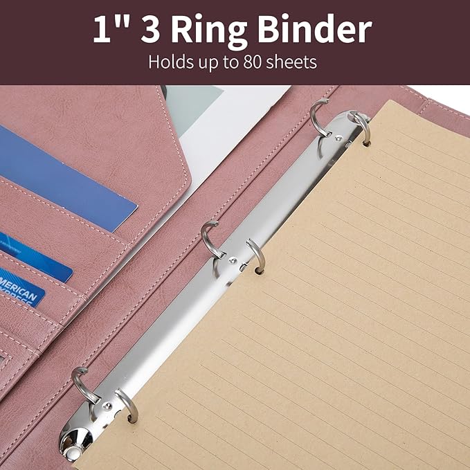 Vegan Leather 3 Ring Binder, 8.5 x 11 Letter Size Folio with Pen Holder, Soft Notebook Portfolio Cover, Slim Notepad Padfolio Thin File Organizer for Work Executive Meeting, Pink