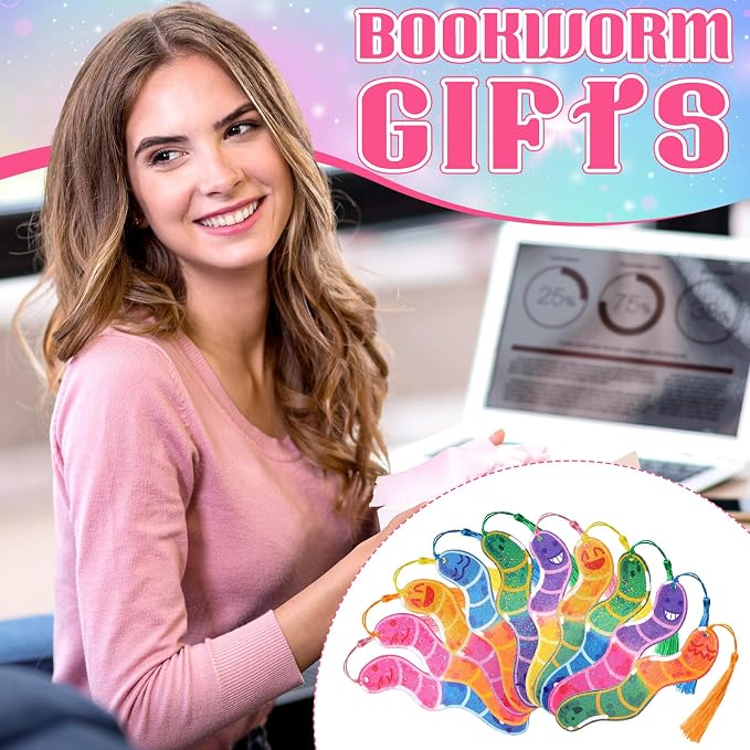 Ctosree 100 Pack Worm Bookmarks Bulk 50 Pcs Holographic Glitter Gummy Bookworm Bookmark and 50 Pcs Tassel for Book Lovers Bookworm Fun Book Marks for Reading Adults Funny Gift Party Favor