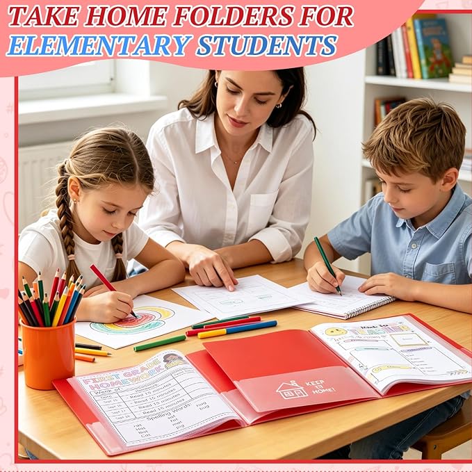 12 Pcs Take Home Folders for Elementary Students,Back to School 2 Pocket Folders with Clear Front Pocket 4 Inner Pockets,Plastic Parent Teacher Communication Folder 11.81 x 9.45 Inch (Red)