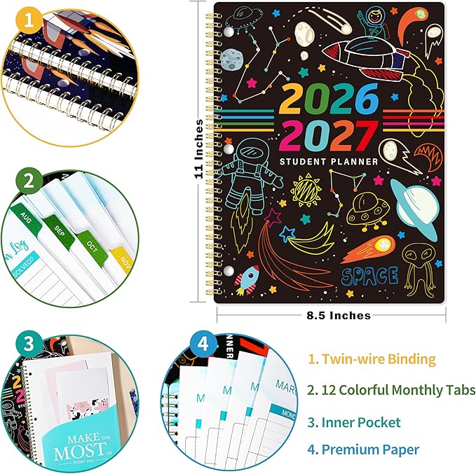 Student Planner 2026-2027 - Academic Planner 2026-2027, Aug. 2026 - Jun. 2027, Weekly and Monthly School Planner For Student, Stickers & Subject Function Pages, 9" x 11"(A4 Size), Doodle Space Style