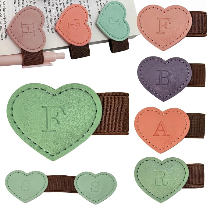 Personalized Magnetic Leather Heart Bookmark with Pen Holder - 26 Letters Custom Book Mark Notebook Pencil Loop with Initial Book Marker for Readers, Book Lovers- Gifts for Women Men(Green,F)