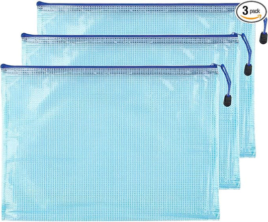 3 Pcs 11.42" x 8.27" B5 Sizes Mesh Zipper Pouch Bags, Mesh Bags with Zipper，Waterproof Clear document pouch for Organization Puzzles Travel, Office, Classroom Organization, B5 Blue