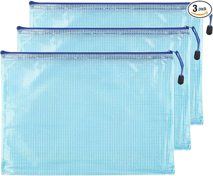 3 Pcs 16.93" x 12.01" A3 Sizes Mesh Zipper Pouch Bags, Mesh Bags with Zipper，Waterproof Clear document pouch for Organization Puzzles Travel, Office, Classroom Organization, A3 Blue