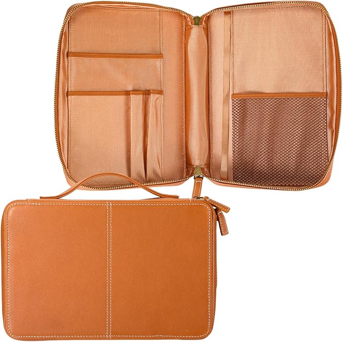 Top Grain Leather Bible Cover for Men Women Buffalo Genuine Leather Bible Case Book Holder Bag with Zipper Handle Back Pocket Bookmark Father's Day Religious Gift(Light Brown,Medium,Classic)