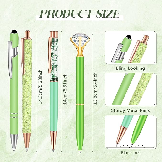 Sabary 8 Pcs Green Pens with Pen Holder for Desk Glitter Crystal Diamond Cute Ballpoint Fancy Pencil Holder Bling Desk Organizer for Women Girls School Office Supplies Wedding Graduation Gifts