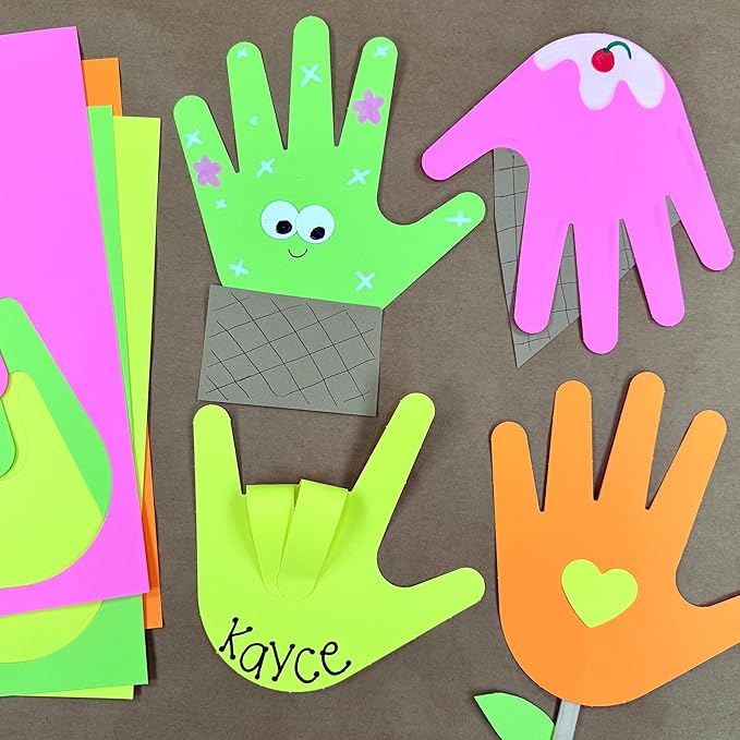 48 Piece Handprint Neon Cutouts with IDEA Guide, US Made 2-Sided Brightly Colored Card Stock Punch Out Handprint Paper Accents for Bulletin Boards, Classroom Decor, Back to School & DIY Crafting