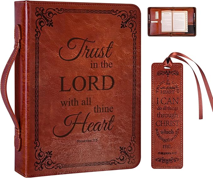 Large Bible Cover Case for Men Women, Mens Bible Covers Cases Leather Bible Cover Carrying Case for Women Men with Handle Zippered Bible Book Cover Holder Bag Case(Brown, L)